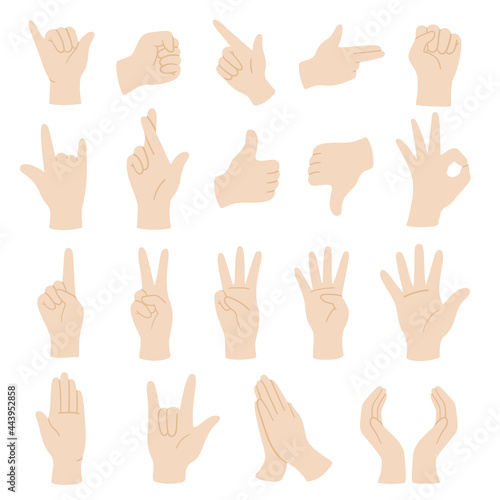 Vector flat style set of various hands gestures. Different signs and emotions. Isolated on white background.
