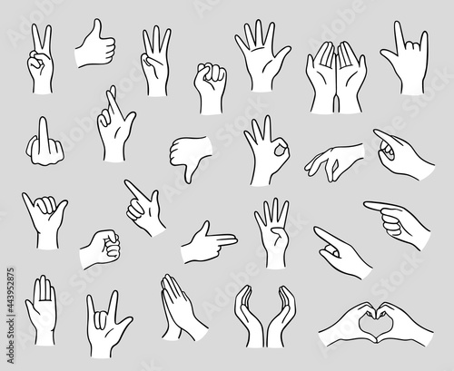 Vector set of doodle hands. Expression gestures human hands. Hand-drawn, doodle elements isolated on grey background.