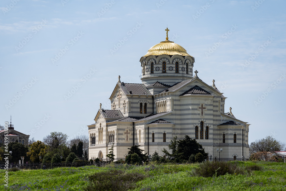 St. Vladimir's Cathedral. A beautiful view of the Russian Church. Blissful landscape. The concept of peace and tranquility. Religion.