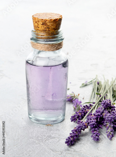 Bottle of essential oil and lavender flowers on light gray background.