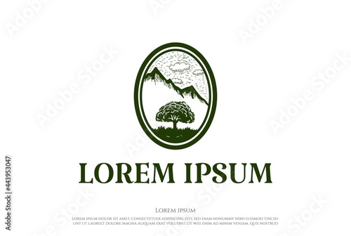 Vintage Retro Mountain Hill with Oak Banyan Tree Logo Design Vector