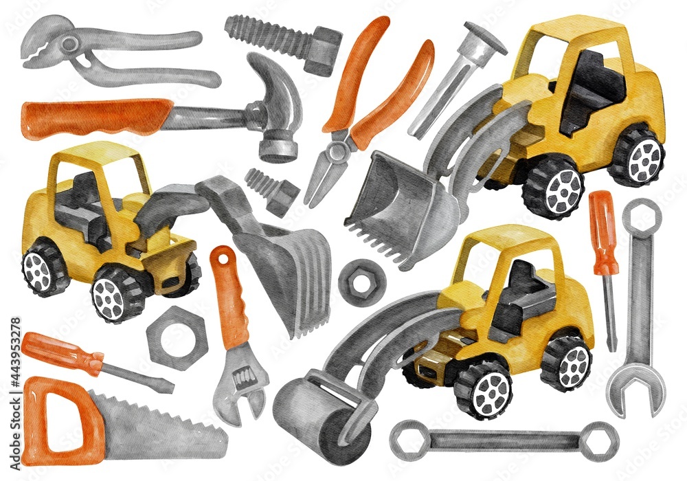Hand drawing watercolor kids plastic toy: construction machinery and tools. Use for poster, print, card, postcard, textile, design, print, pattern, shop, market, children’s room, interior, label
