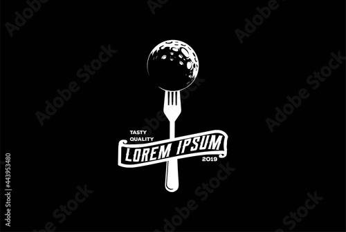 Vintage Hipster Moon Planet with Fork and Ribbon for Cafe Restaurant Logo Design Vector