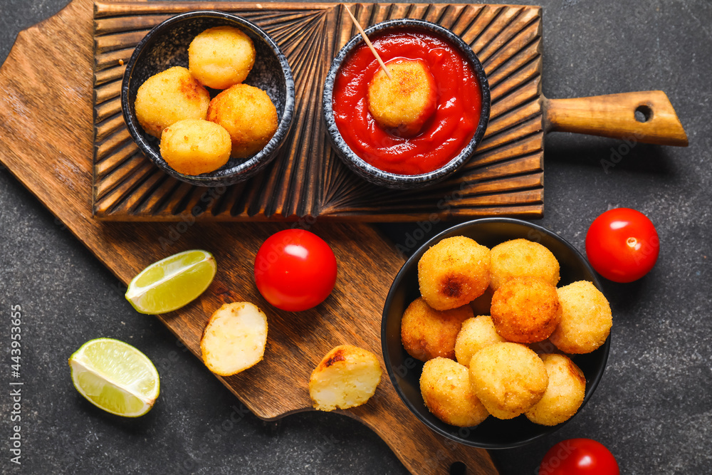 Composition with fried potato balls on dark background Composition with fried potato balls on dark background