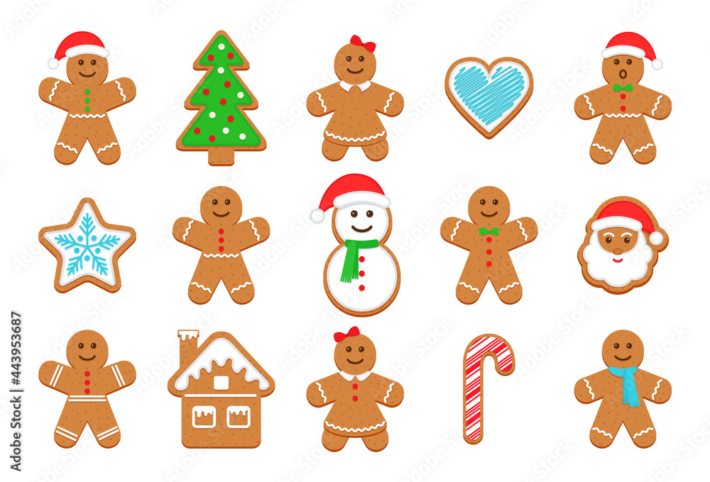 Christmas Gingerbread cookies. Classic Xmas biscuit. Noel holiday sweet dessert isolated on white background. Cute ginger bread men, tree, santa, holly, snowman and gift box. Vector illustration.