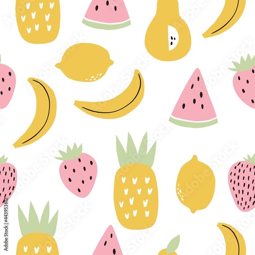 Summer fresh print with hand drawn fruit.   Banana, watermelon, strawberry, lemon in modern style and pastel colors