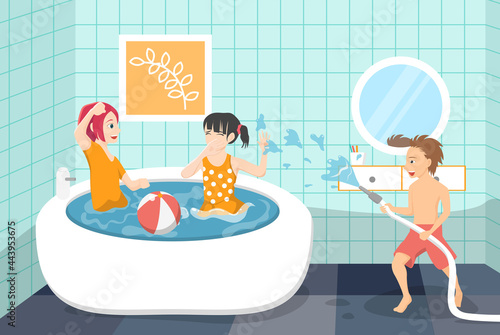 The kids have fun in the bathroom.