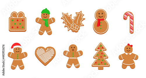 Gingerbread Christmas cookies. Xmas cute biscuits. Classic ginger bread men, tree, gift, holly, snowman and heart. Noel holiday sweet dessert isolated on white background. Vector illustration.