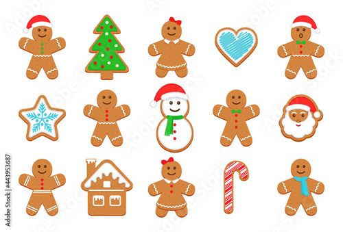 Christmas Gingerbread cookies. Classic Xmas biscuit. Noel holiday sweet dessert isolated on white background. Cute ginger bread men, tree, santa, holly, snowman and gift box. Vector illustration.