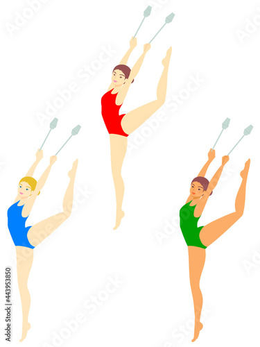 新体操、クラブ（こん棒）の演技のイラスト／Rhythmic gymnastics, club acting illustration