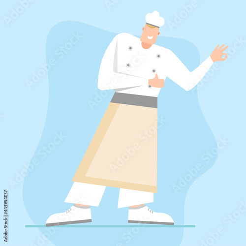Chef in white uniform, apron and chef's hat