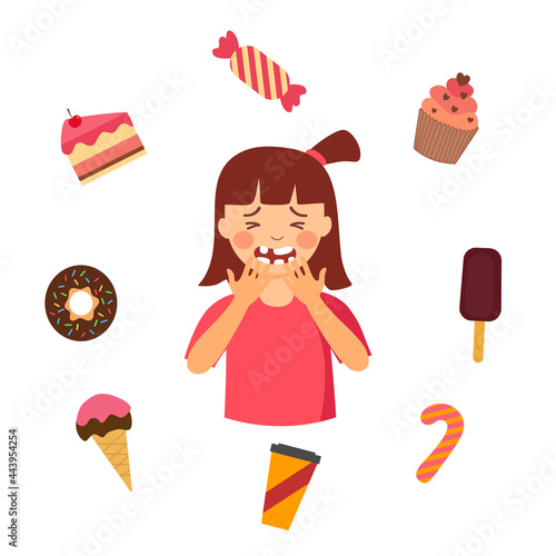 Cute girl suffering from toothache painful a cavity character with sweet dessert around in flat design. Dental problem and treatment concept.