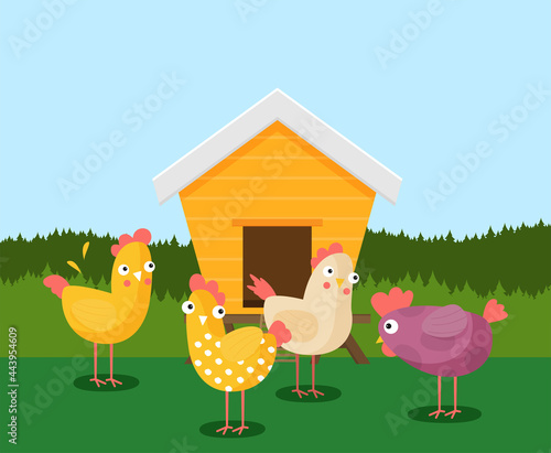 Cartoon vector icon of bright red chicken coop, fresh eggs in the nest.