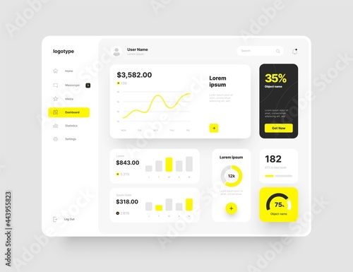 Dashboard design in yellow color. App interface with UI and UX elements. Use design for web application, desktop or mobile app.