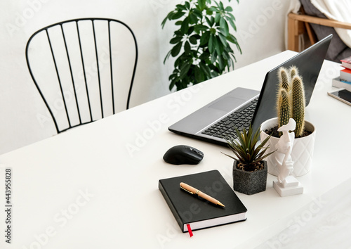 Workspace of freelancer with laptop, notepads, and green plants on white table at living room.
