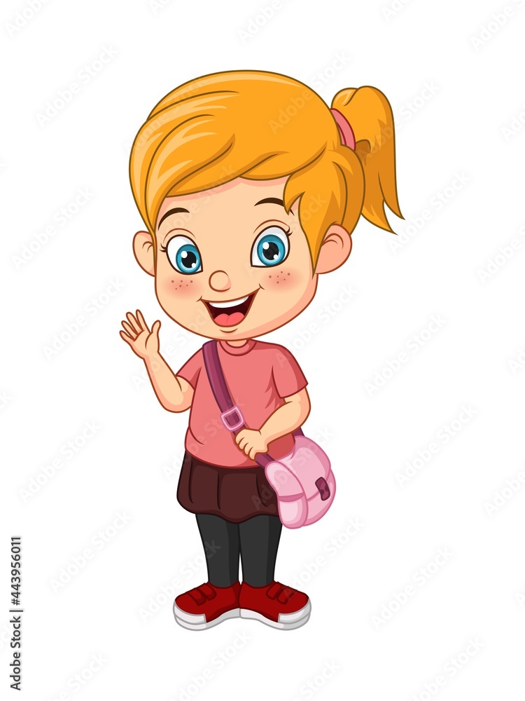 Obraz premium Cartoon happy school girl waving hand