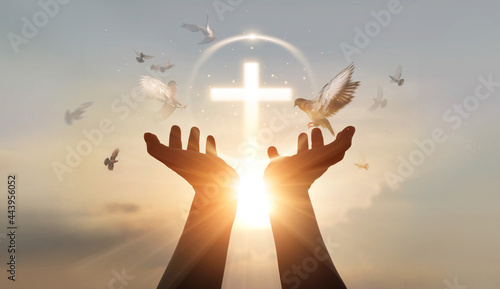 Fotografia Man hands palm up praying and worship of cross, eucharist therapy bless god helping, hope and faith, christian religion concept on sunset background
