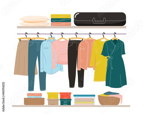 set of wardrobe with hangging clothes, box, suitcase vector illustration