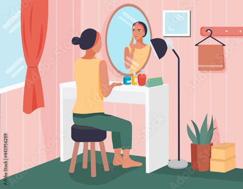 women sitting in front of makeup table using skincare routine with room interior vector illustration