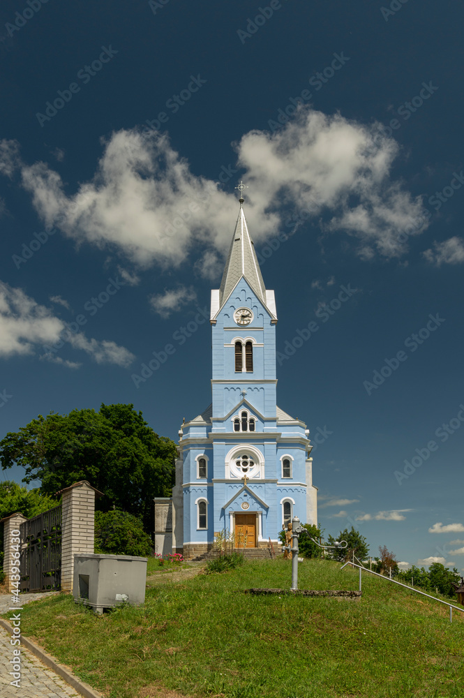 Stribrnice village in Czech Republic, with the beautiful blue Saint Procopius church