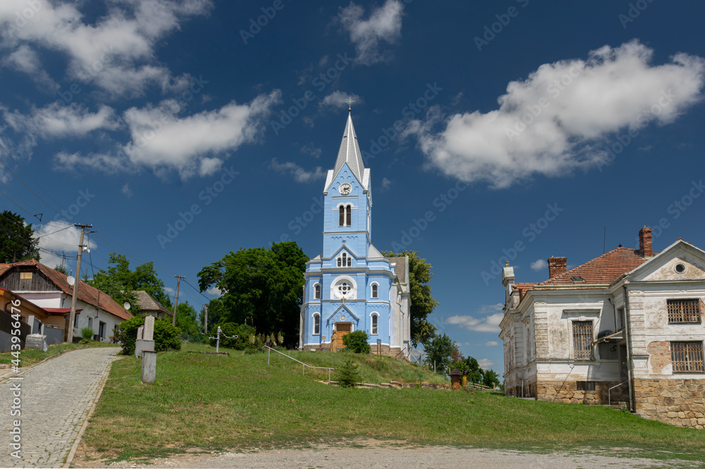 Stribrnice village in Czech Republic, with the beautiful blue Saint Procopius church