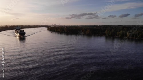 JSP Carla Freighter Full Of Container Goods On The Oude Maas River In Puttershoek, Netherlands. aerial