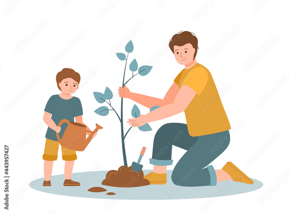 Dad and son with watering can and shovel plant a tree. Characters ...