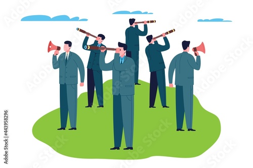 Dream team concept. A group of business people are holding loudspeakers and telescopes in the process of work is looking for new ideas, projects for business and investment, is engaged in marketing.