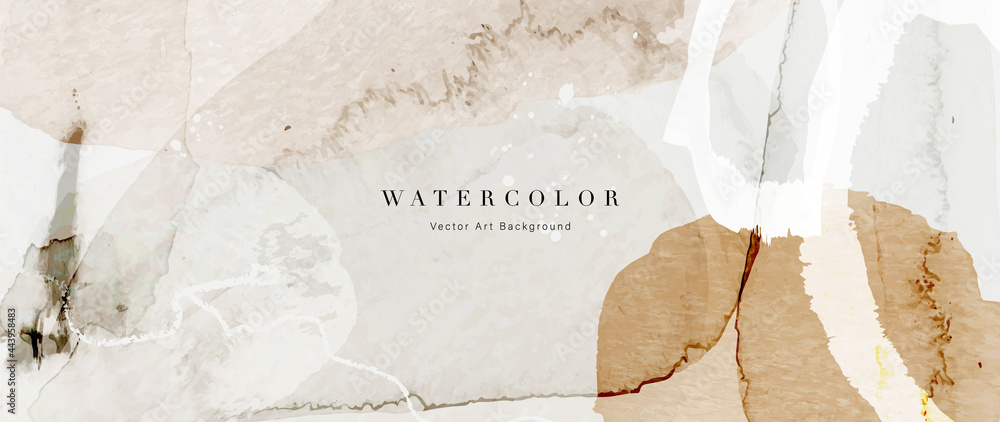 Fototapeta premium Watercolor art background vector. Wallpaper design with paint brush and gold line art. Earth tone blue, pink, ivory, beige watercolor Illustration for prints, wall art, cover and invitation cards.