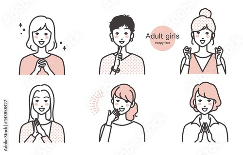 笑顔の女性達のイラストカット  ベクター  バリエーション 嬉しい 喜び