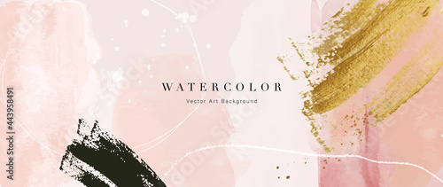 Watercolor art background vector. Wallpaper design with paint brush and gold line art. Earth tone blue, pink, ivory, beige watercolor Illustration for prints, wall art, cover and invitation cards.