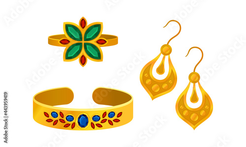 Jewellery or Jewelry Item as Personal Adornment with Earrings and Ring Vector Set