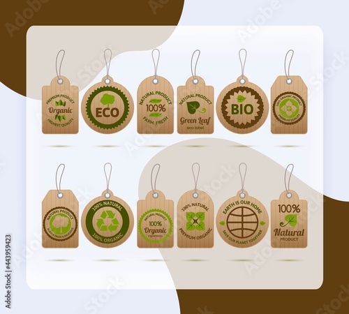 Ecology bio farm fresh products cardboard tags set isolated vector illustration