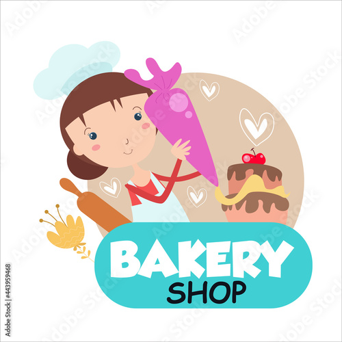 Bakery shop girl character vector template design illustration