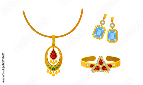 Jewellery or Jewelry Item as Personal Adornment with Earrings and Pendant Ornament Vector Set