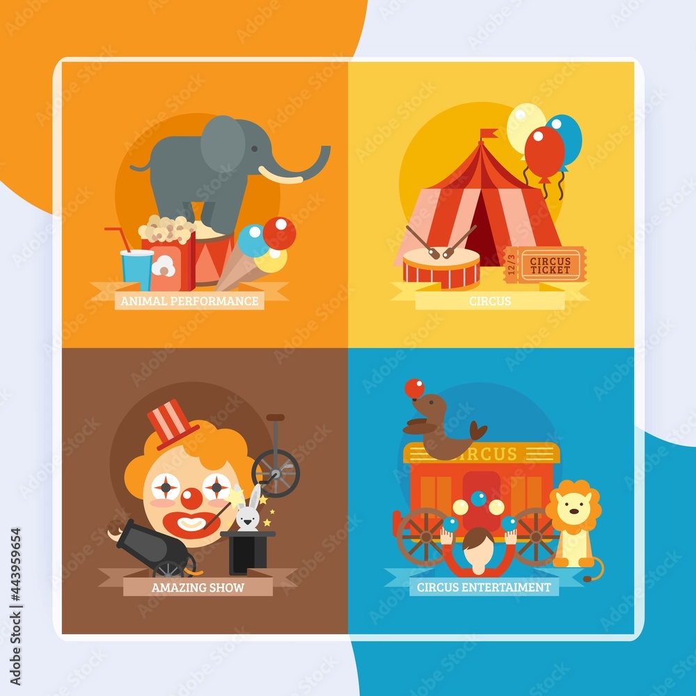 Circus design concept set with animal performance entertainment amazing show flat icons isolated vector illustration