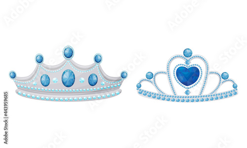 Blue Tiara or Diadem as Jeweled Ornamental Crown Vector Set