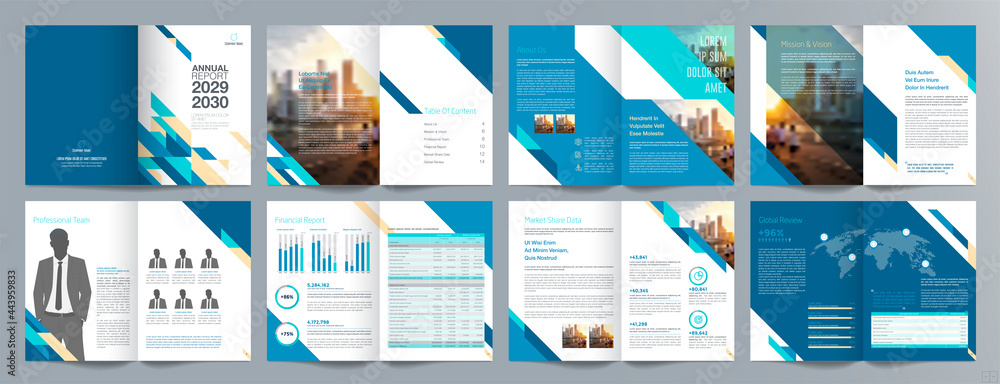 Naklejka premium Corporate business presentation guide brochure template, Annual report, 16 page minimalist flat geometric business brochure design template, A4 size.