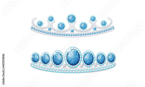 Blue Tiara or Diadem as Jeweled Ornamental Crown Vector Set