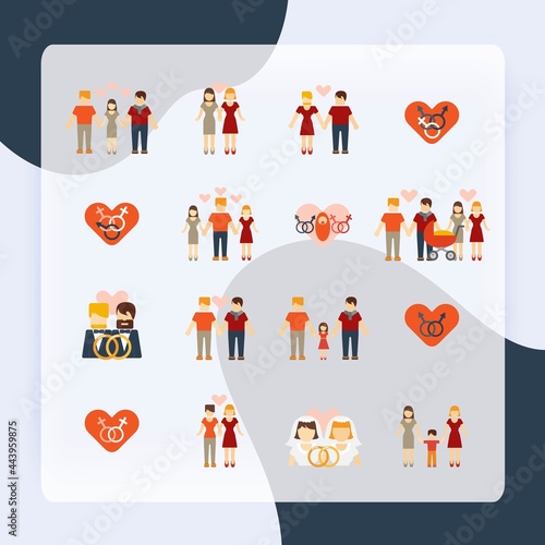 Nontraditional homosexual lesbians partners and gays couples wedding and parenting flat icons set abstract isolated vector illustrations