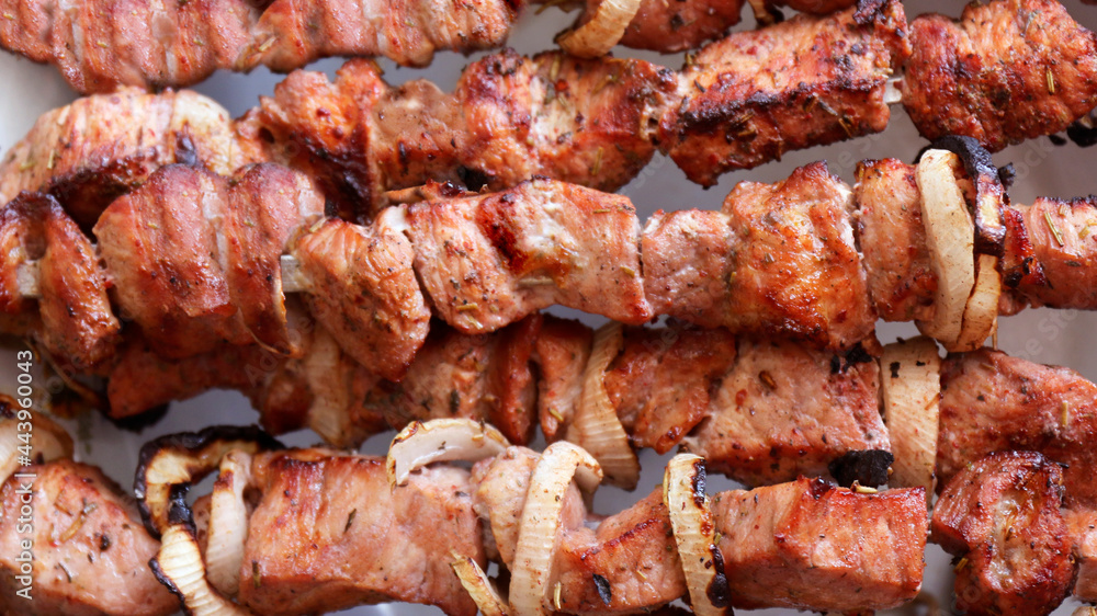 Kebabs on skewers prepared on charcoal grill, grilled meat, grilled food, shashlik Kebabs on skewers prepared on charcoal grill, grilled meat, grilled food, shashlik
