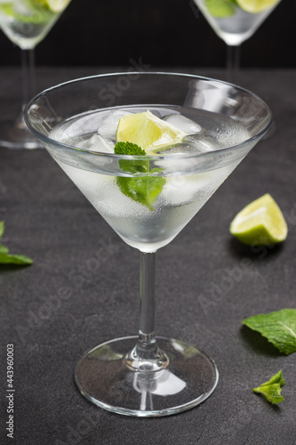 Misted wine glass with lime, mint and ice