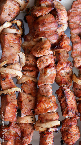 Kebabs on skewers prepared on charcoal grill, grilled meat, grilled food, shashlik