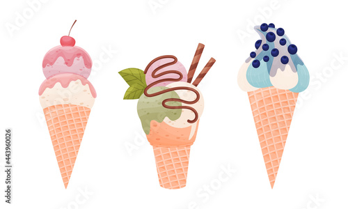 Tasty Ice Cream in Waffle Cone as Sweetened Frozen Food Vector Set