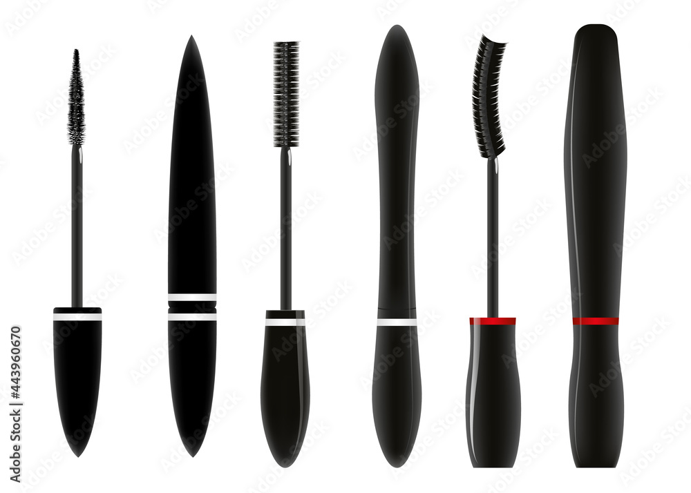 Set with tubes of mascara and brushes isolated on white background. Vector illustration Set with tubes of mascara and brushes isolated on white background. Vector illustration
