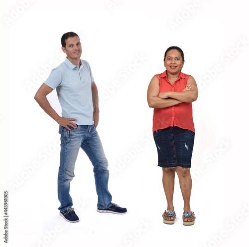 full portrait of a couple caucasian and latin on white background