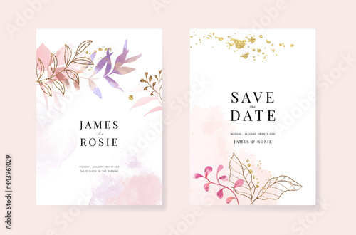Minimal pink tropical Wedding Invitation, floral invite thank you, rsvp modern card Design in  golden line decorative Vector elegant rustic template