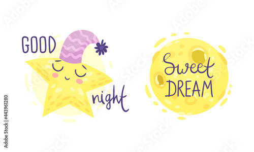 Cute Pictures with Good Night and Sweet Dreams Inscription for Nursery Vector Set
