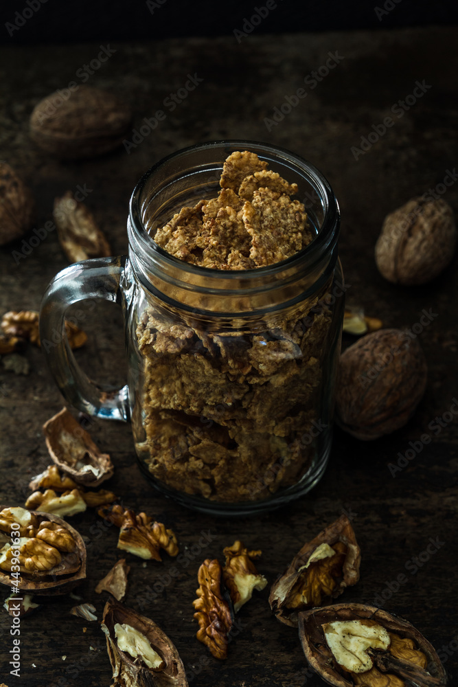 Delicious homemade breakfast with oats, almonds and hazelnuts. Concept Delicious homemade breakfast with oats, almonds and hazelnuts. Concept