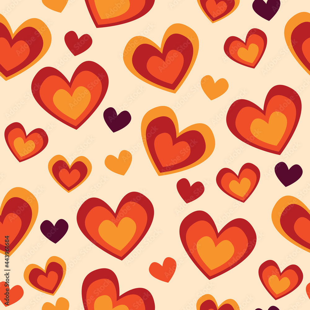 Retro 70's love heart seamless vector pattern. Yellow, orange, red and  purple scattered heart shapes on beige background. Funky, groovy seventies  style design. Repeat backdrop wallpaper texture print. Stock Vector | Adobe